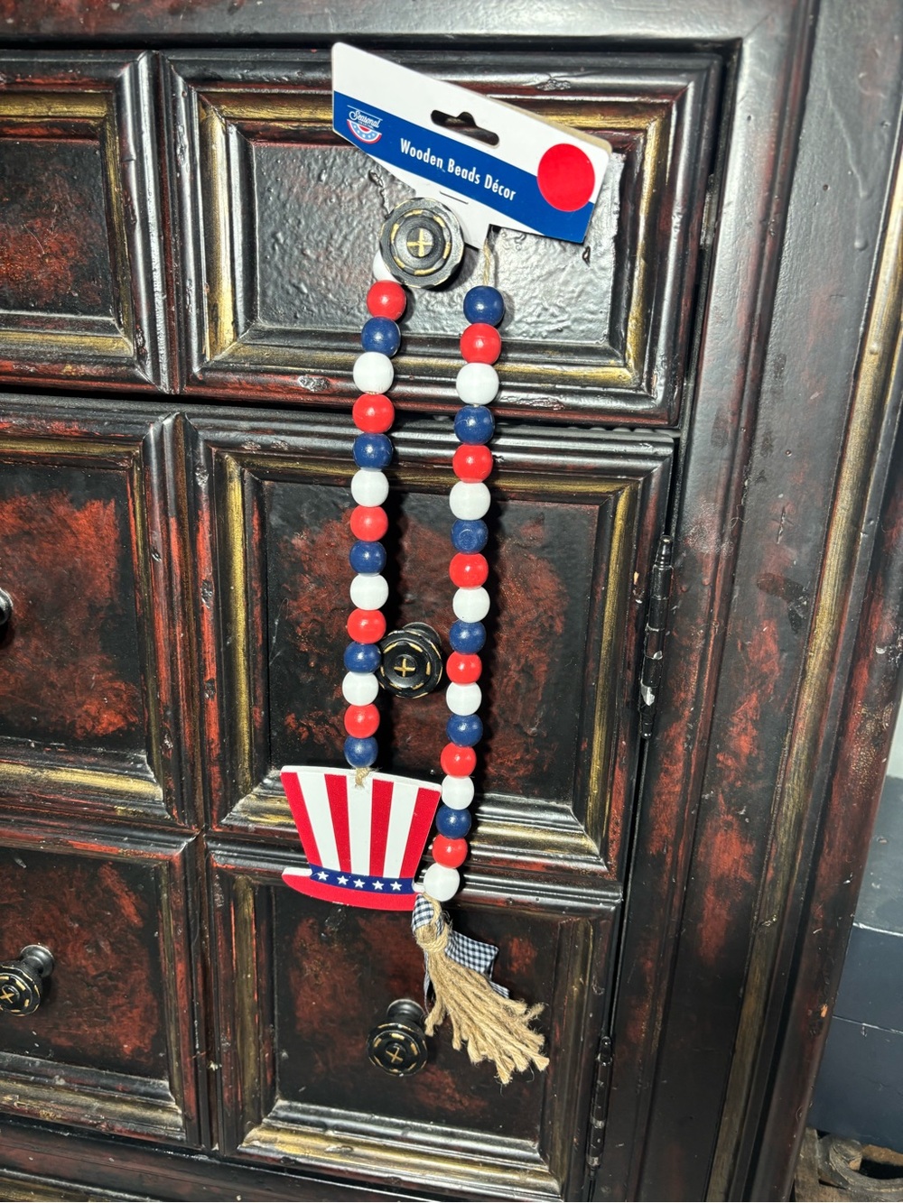 New Patriotic Red, White & Blue Wooden Bead Garland with Uncle Sam Hat